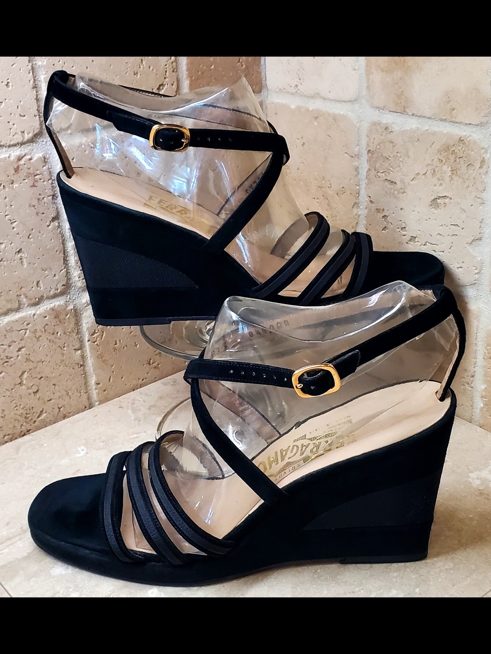 Salvatore Ferragamo Black Strappy Suede Wedge Sandals with Gold Buckle 8.5AAAA